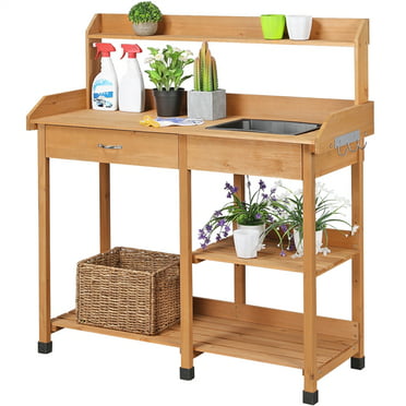 BIRCHTREE Wooden Plant Potting Table Bench Greenhouse Staging Shelf 3 Tier Work Station Metal Top with Tool Hooks BT-PT01 Natural